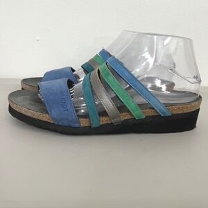 Naot Peyton Sandals 41 L10 Blue Multi Strap Leather Cork Slide Comfort Walking